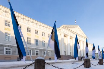 Ülikooli peahoone Eesti lippudega, lähivaade